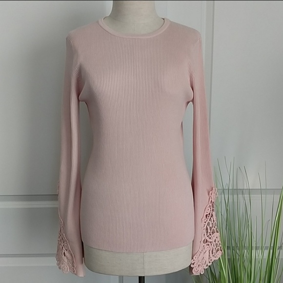 Catherine Malandrino Top Stretch Rib Knit Bell Sleeve Crochet Blush Pink L NWT - Picture 1 of 8